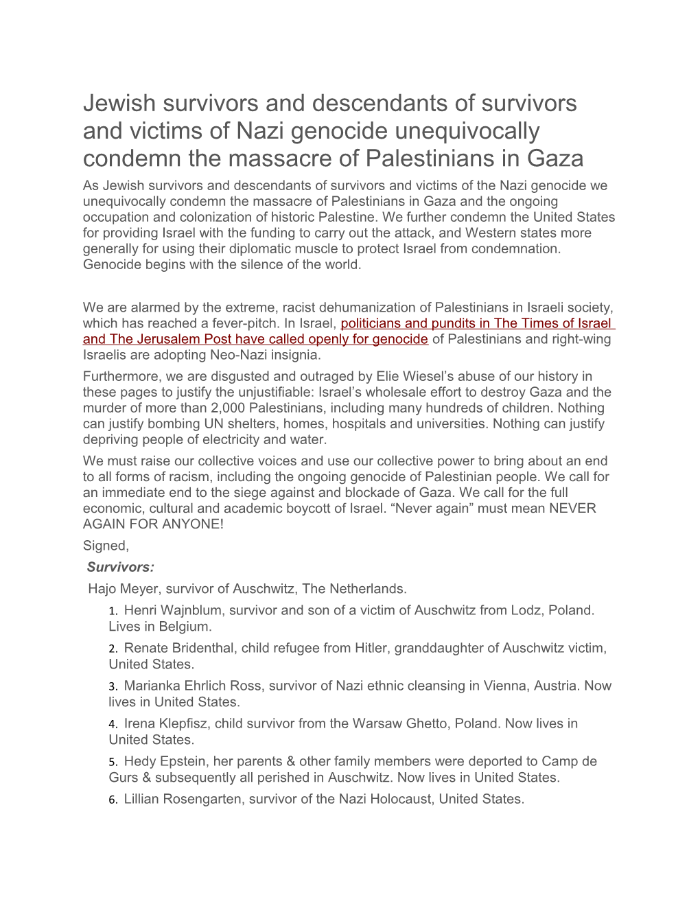 Jewish Survivors and Descendants of Survivors and Victims of Nazi Genocide Unequivocally