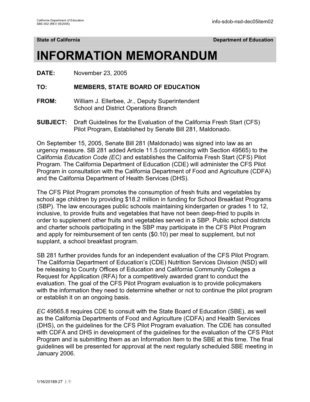 December 2005 NSD Item 2 - Information Memorandum (CA State Board of Education)