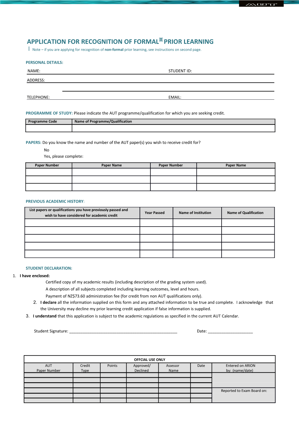 Application for Recognition of Formalê Prior Learning