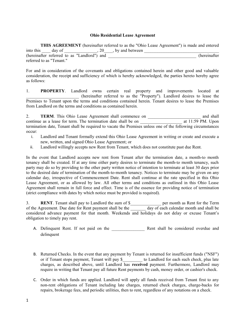 Ohio Residential Lease Agreement