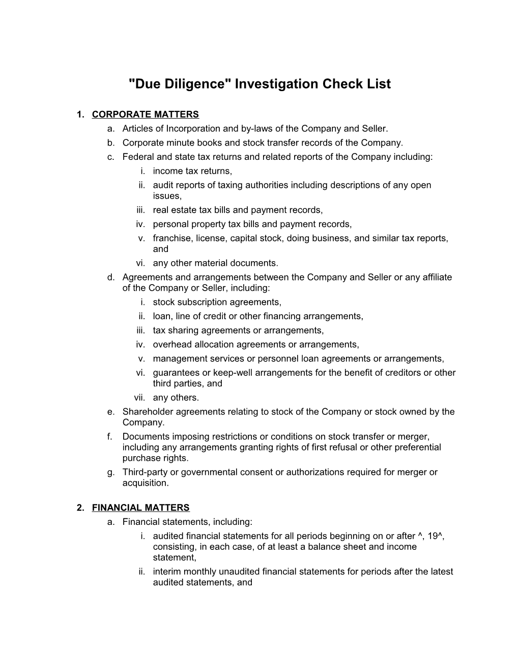 Due Diligence Investigation List for a Corporate Acquisition