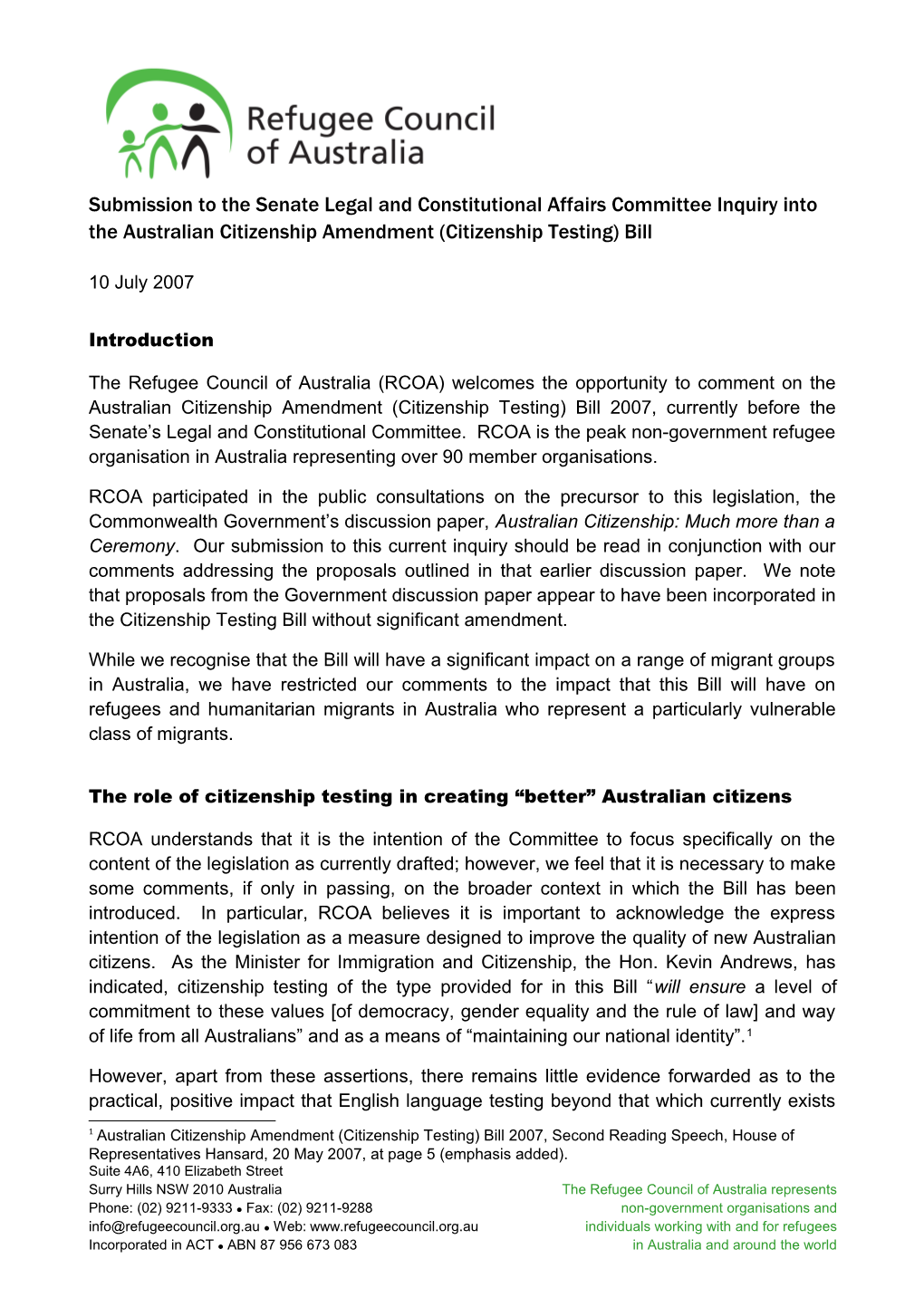 Submission to the Senate Legal and Constitutional Affairs Committee Inquiry Into the Australian