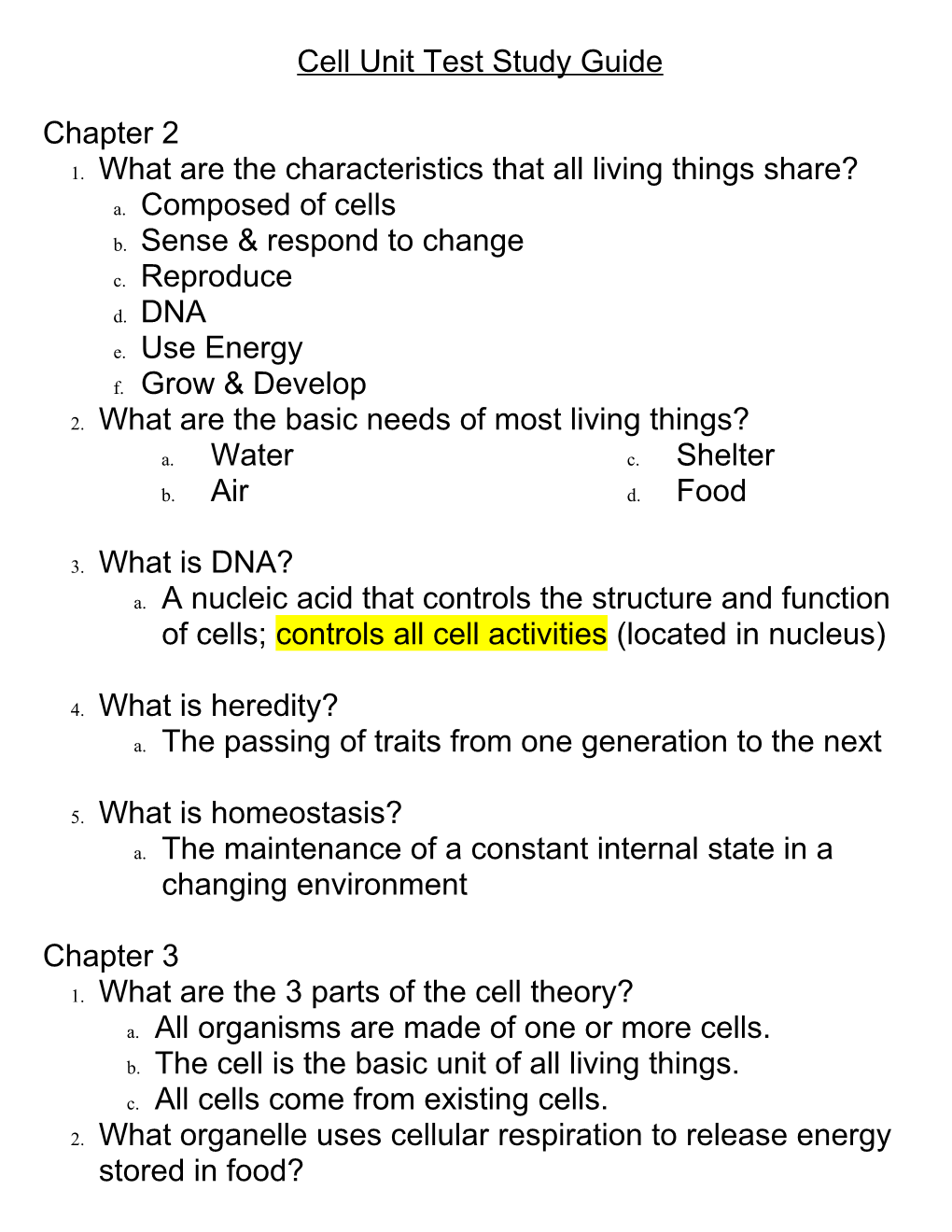 Cell Unit Test Study Guide