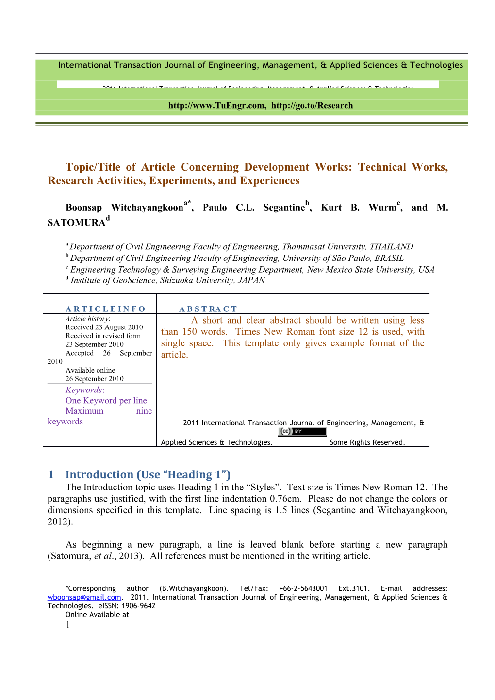 International Transaction Journal of Engineering, Management, & Applied Sciences & Technologies