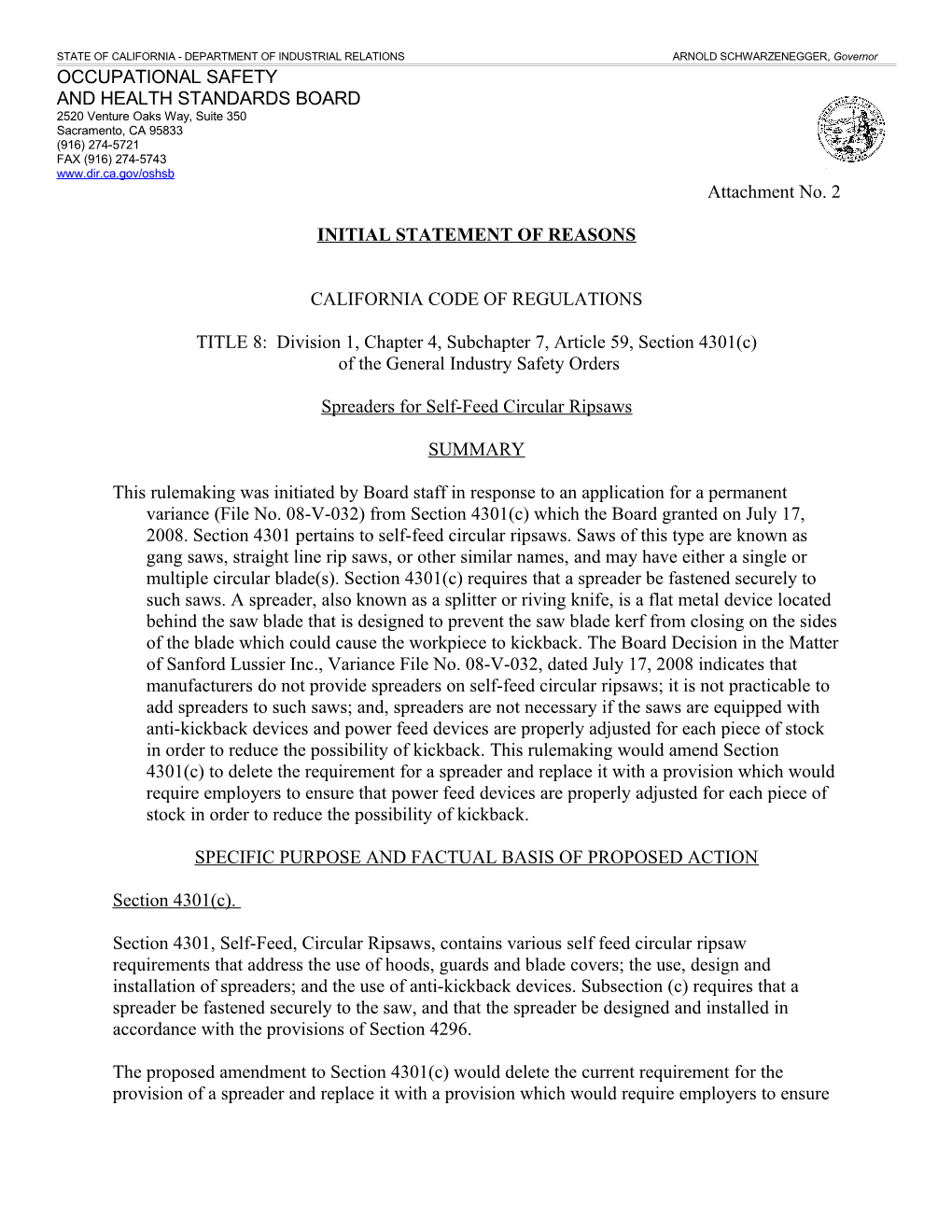 STATE of CALIFORNIA - DEPARTMENT of INDUSTRIAL RELATIONS ARNOLD SCHWARZENEGGER, Governor