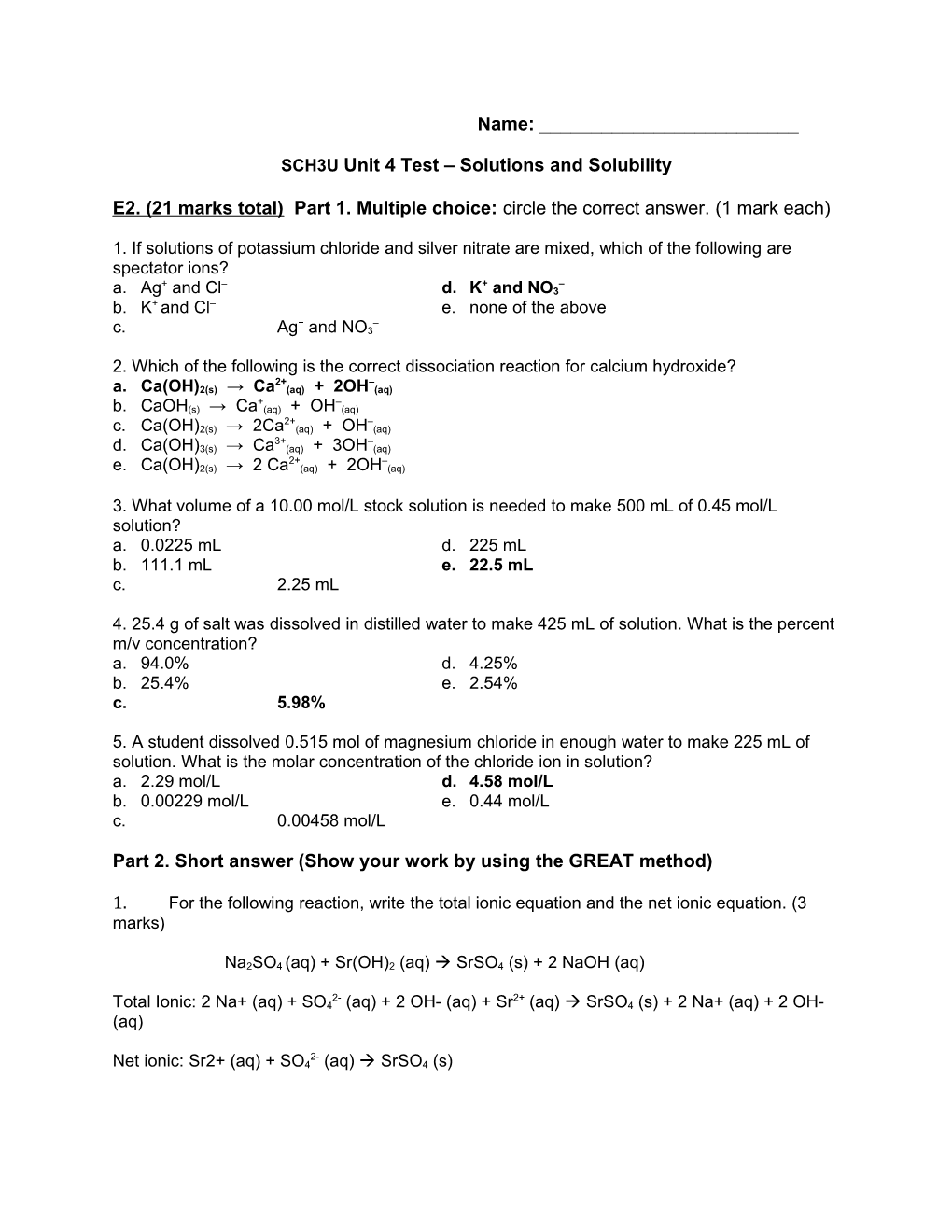 SCH3U Unit 4 Test Solutions and Solubility