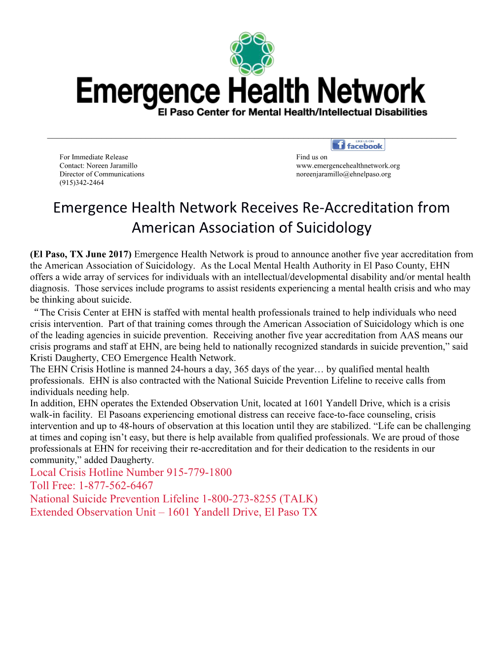 Emergence Health Network Receives Re-Accreditation from American Association of Suicidology