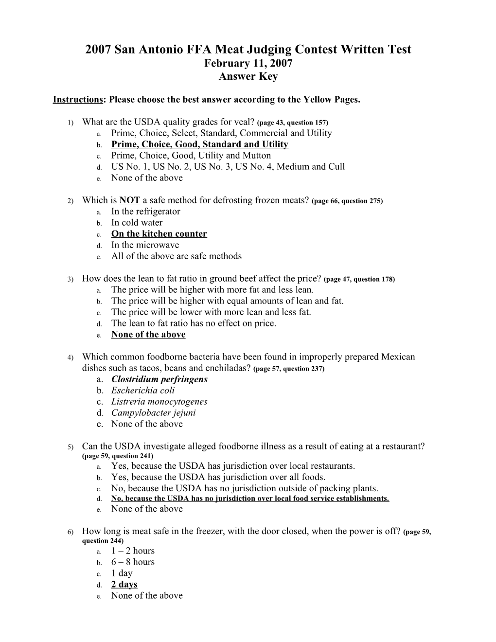 2006 San Antonio Meat Judging Contest Written Test