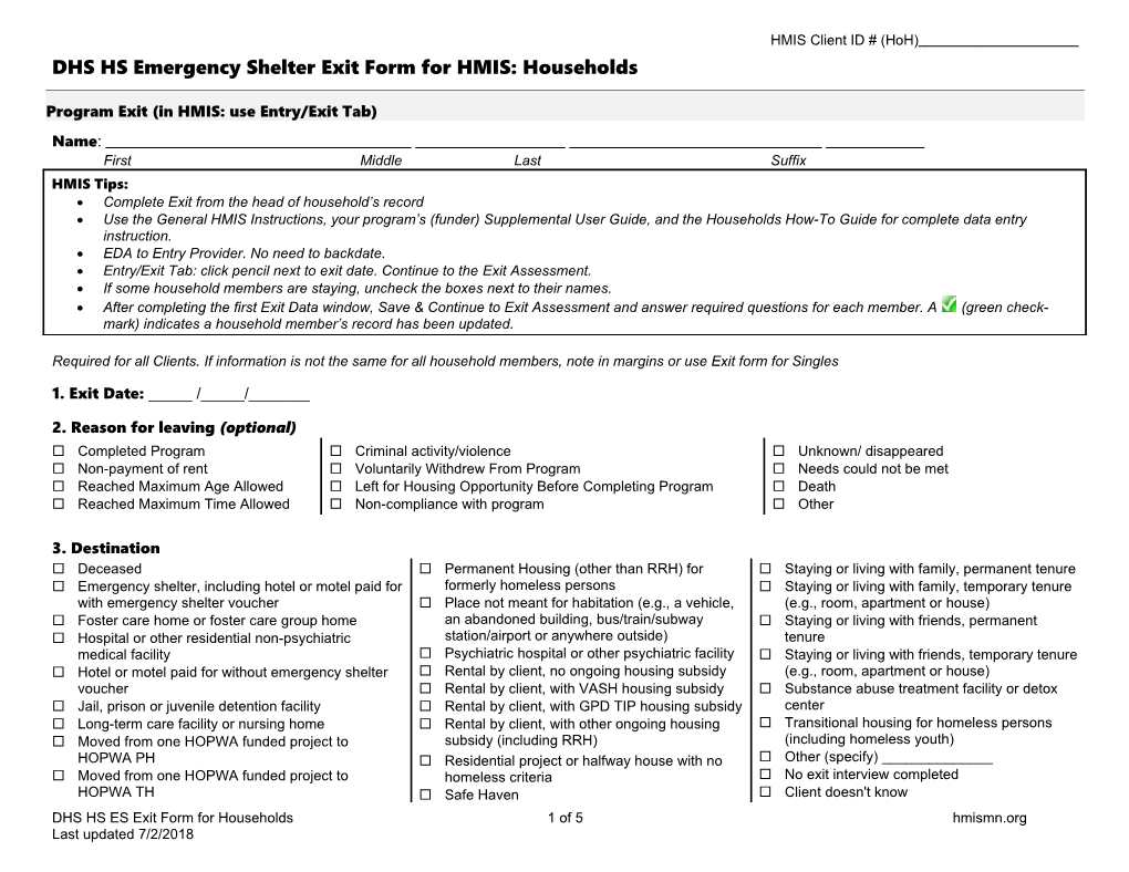 DHS HS Emergency Shelterexit Form for HMIS: Households