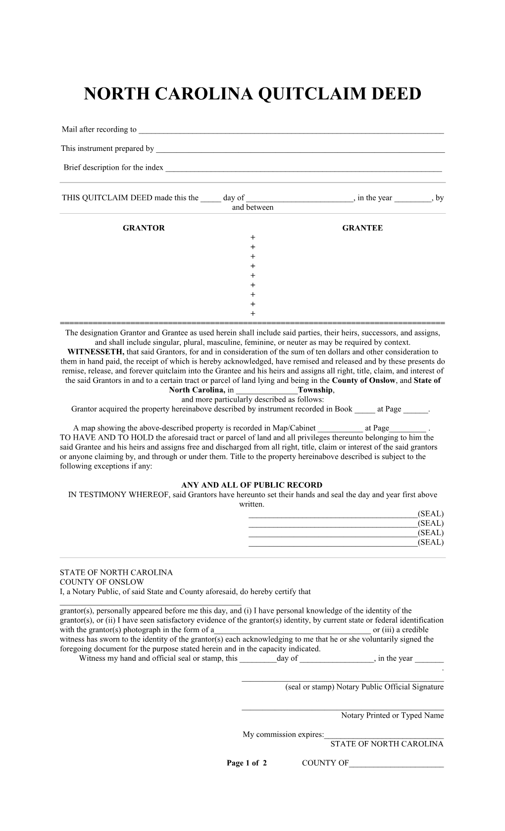 North Carolina Quitclaim Deed