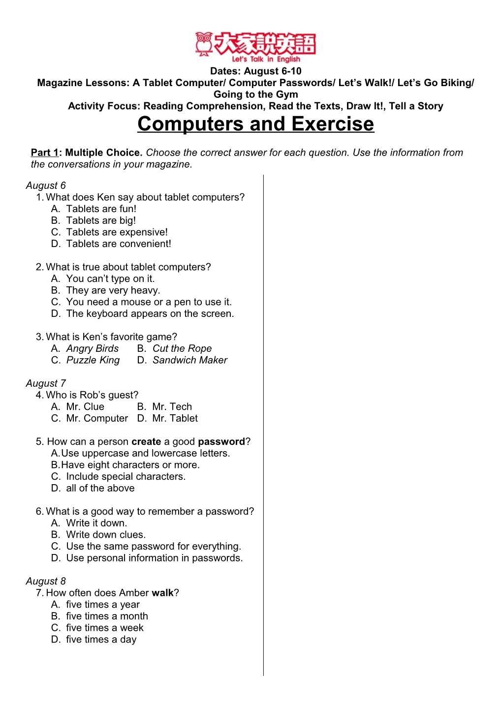 Activity Focus: Reading Comprehension, Read the Texts, Draw It!, Tell a Story