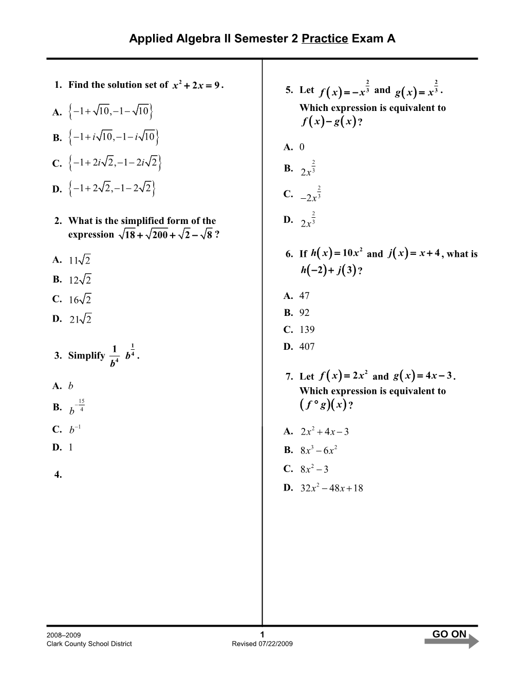 Applied Algebra II Semester 2 Practice Exam A