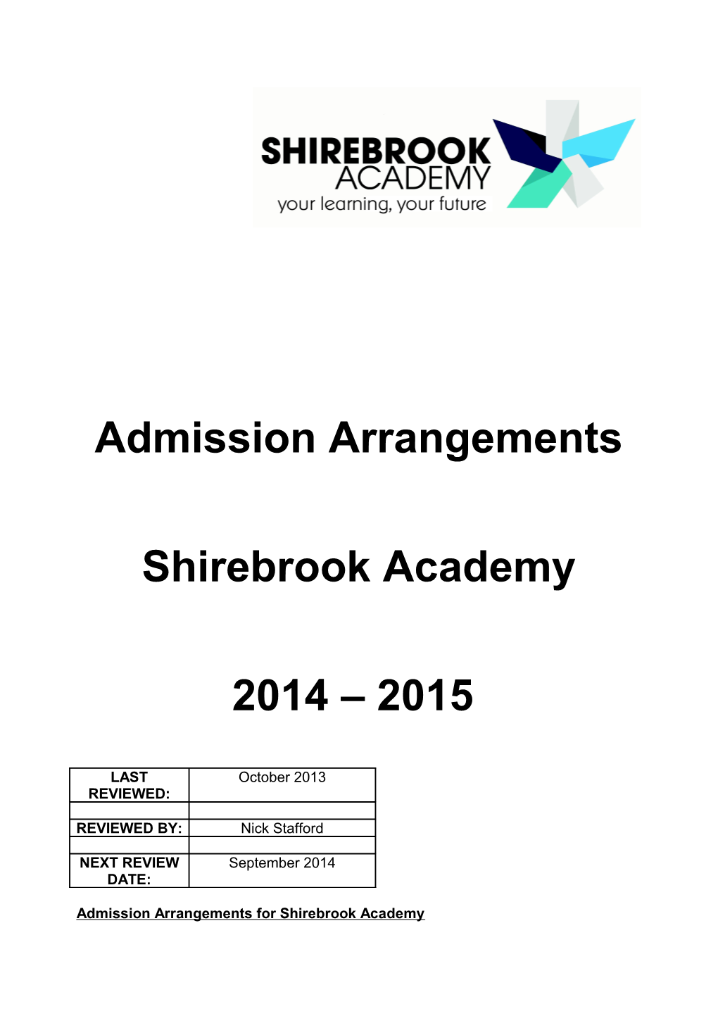 Admission Arrangements for Shirebrook Academy