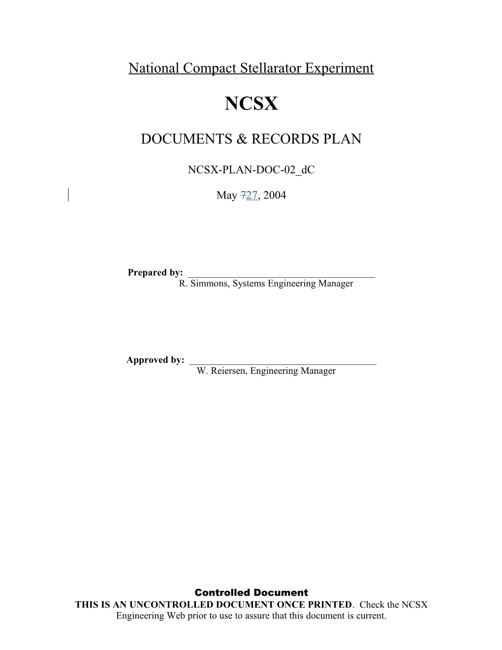 NSTX Documentation & Records Plan