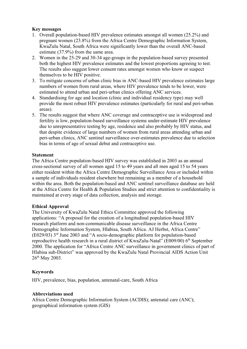 1. Overall Population-Based HIV Prevalence Estimates Amongst All Women (25.2%) and Pregnant