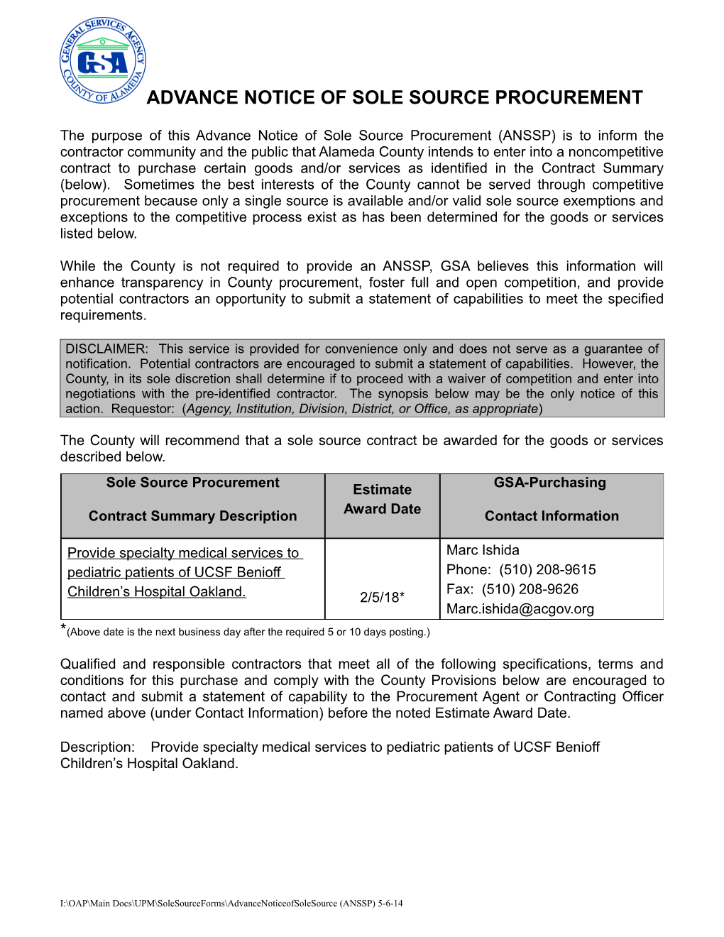 Advance Notice of Sole Source Procurement s11