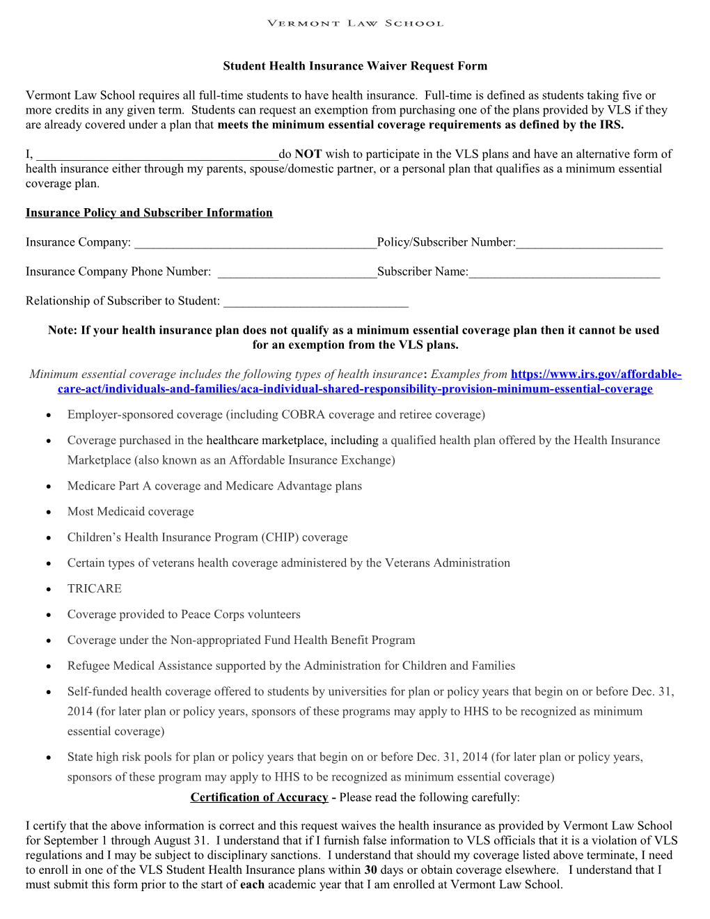 Student Health Insurance Waiver Request Form