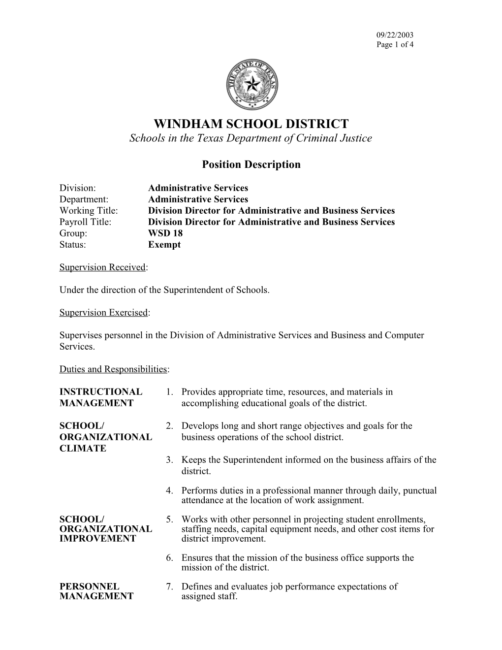 Division Director for Administrative and Business Services 09/22/2003