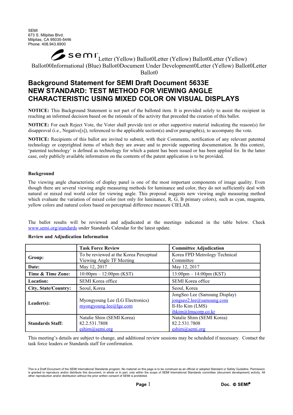 Background Statement for SEMI Draft Document 5633E