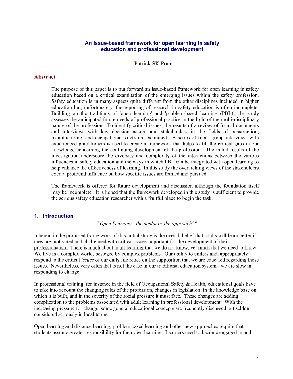 An Issue-Based Framework for Open Learning in Safety Education and Professional Development