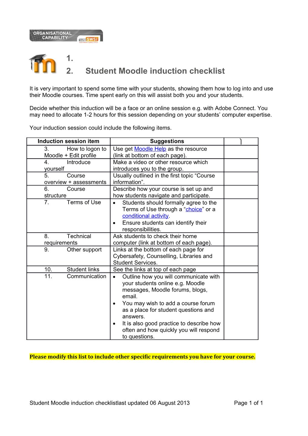 Student Moodle Induction Checklist