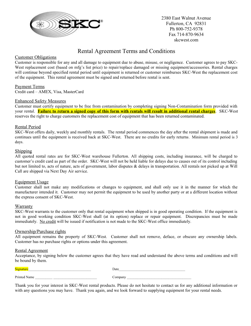 Rental Agreement Terms and Conditions