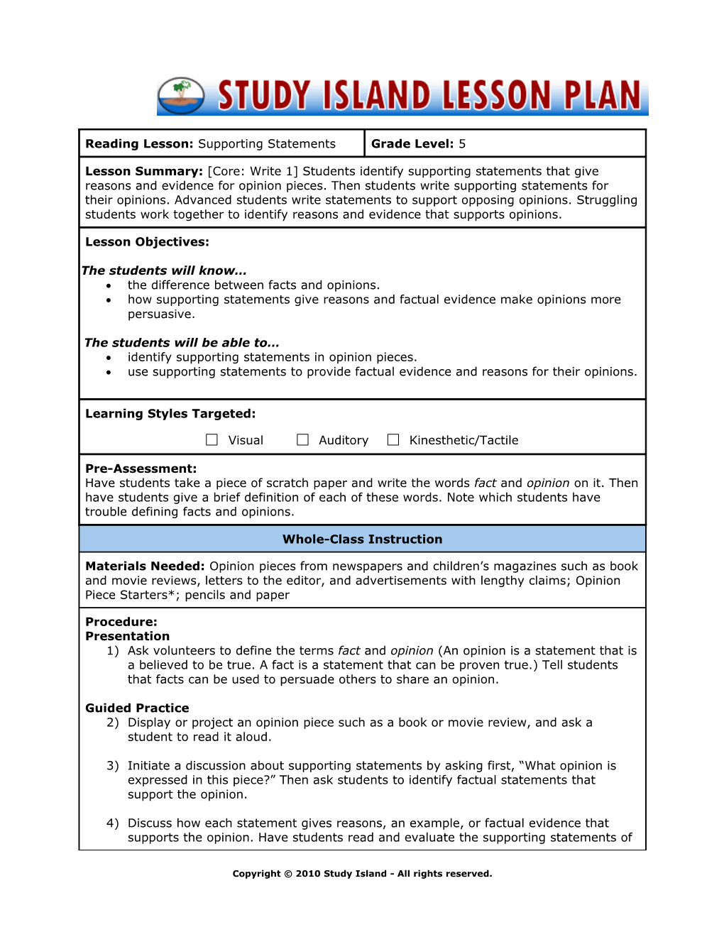 Reading Lesson: Supporting Statements