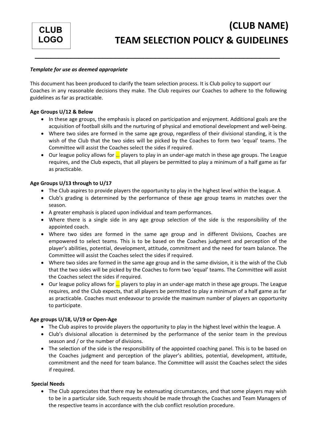 (Club Name)Team Selection Policy & Guidelines