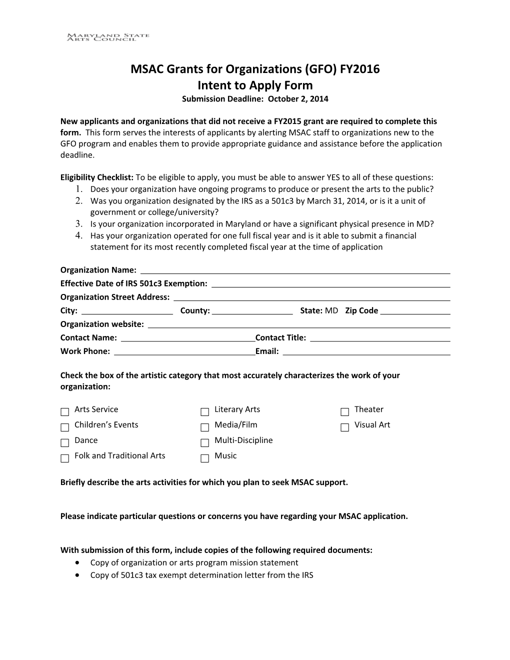 MSAC Grants for Organizations (GFO) FY2016