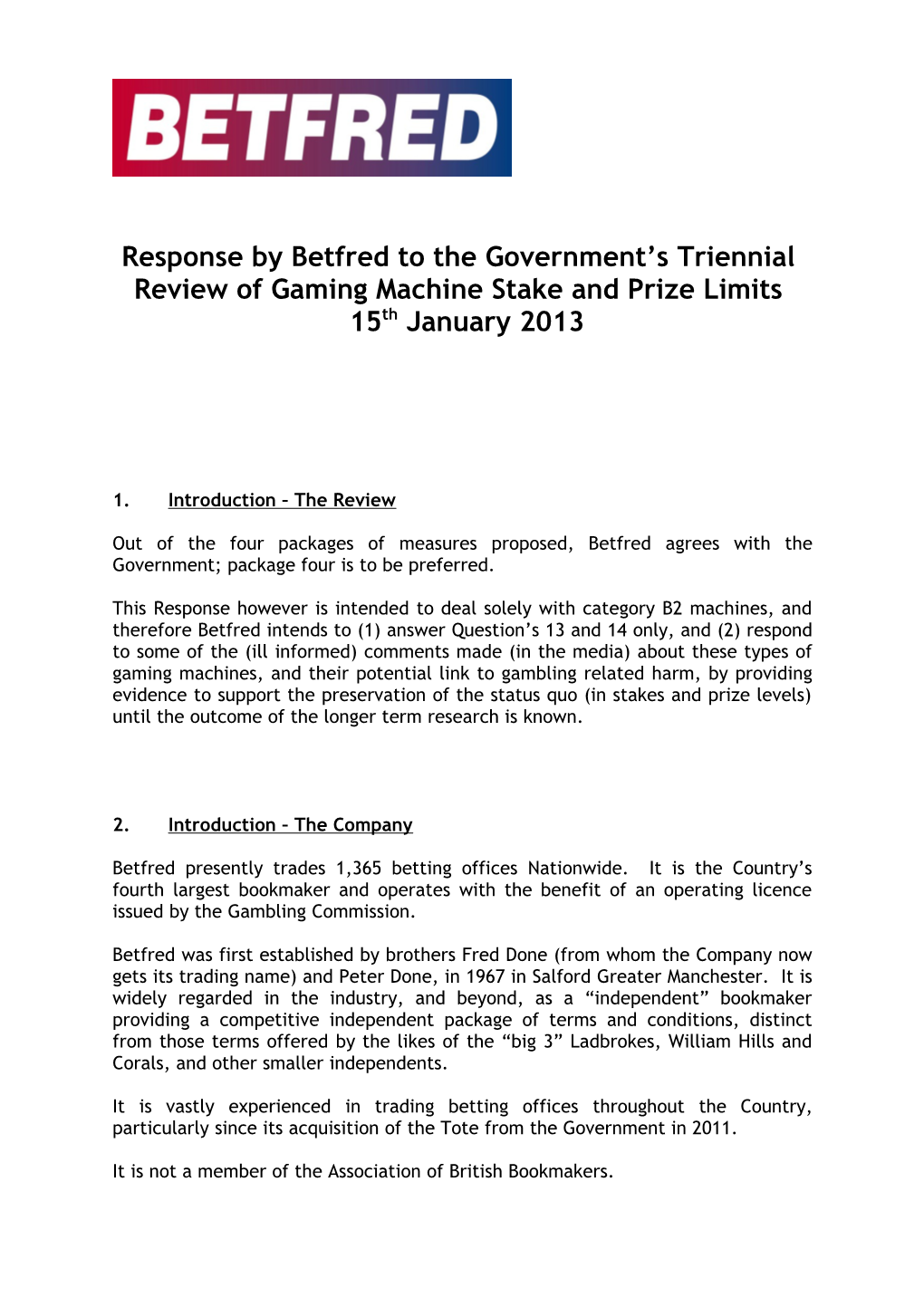 Response by Betfred to the Government S Triennial