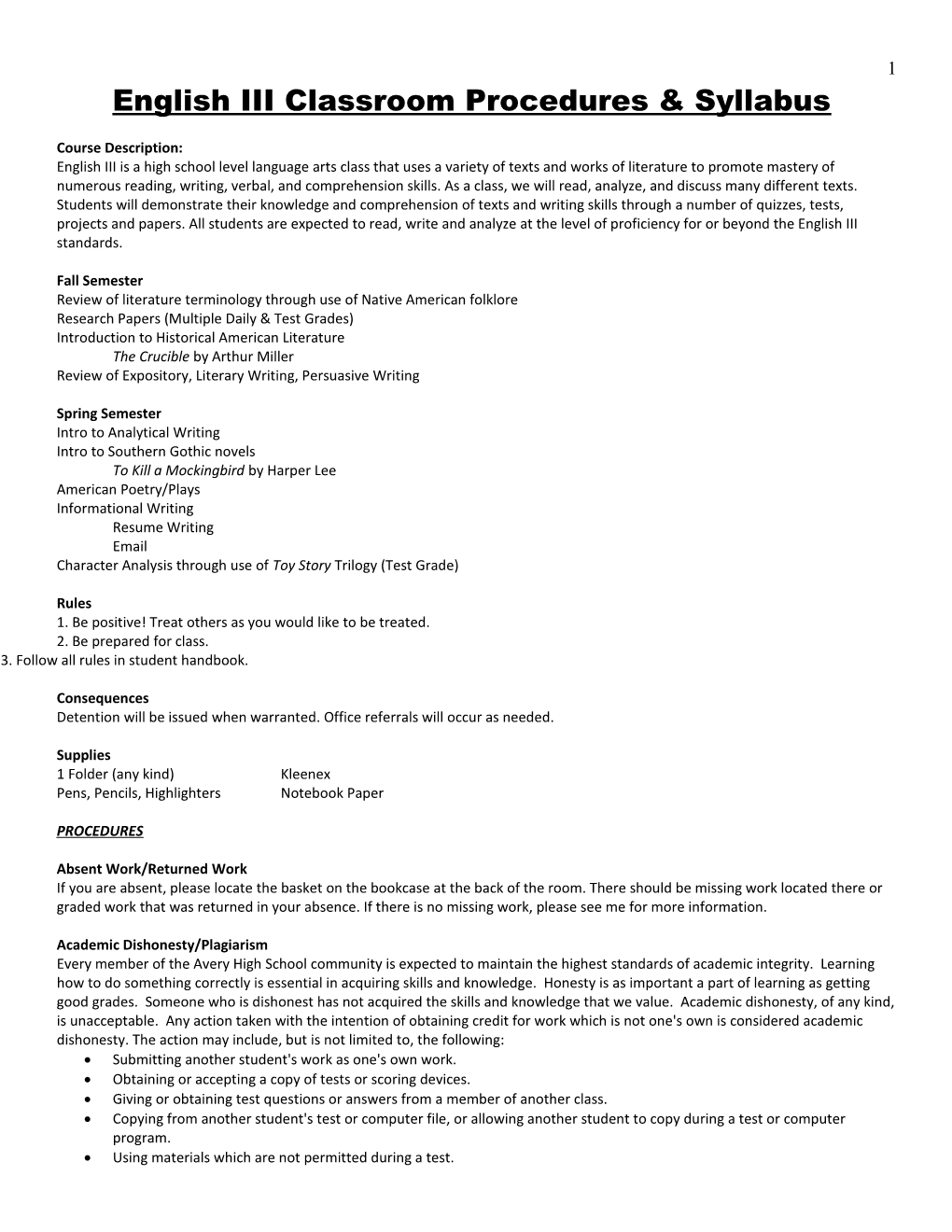 English III Classroom Procedures & Syllabus