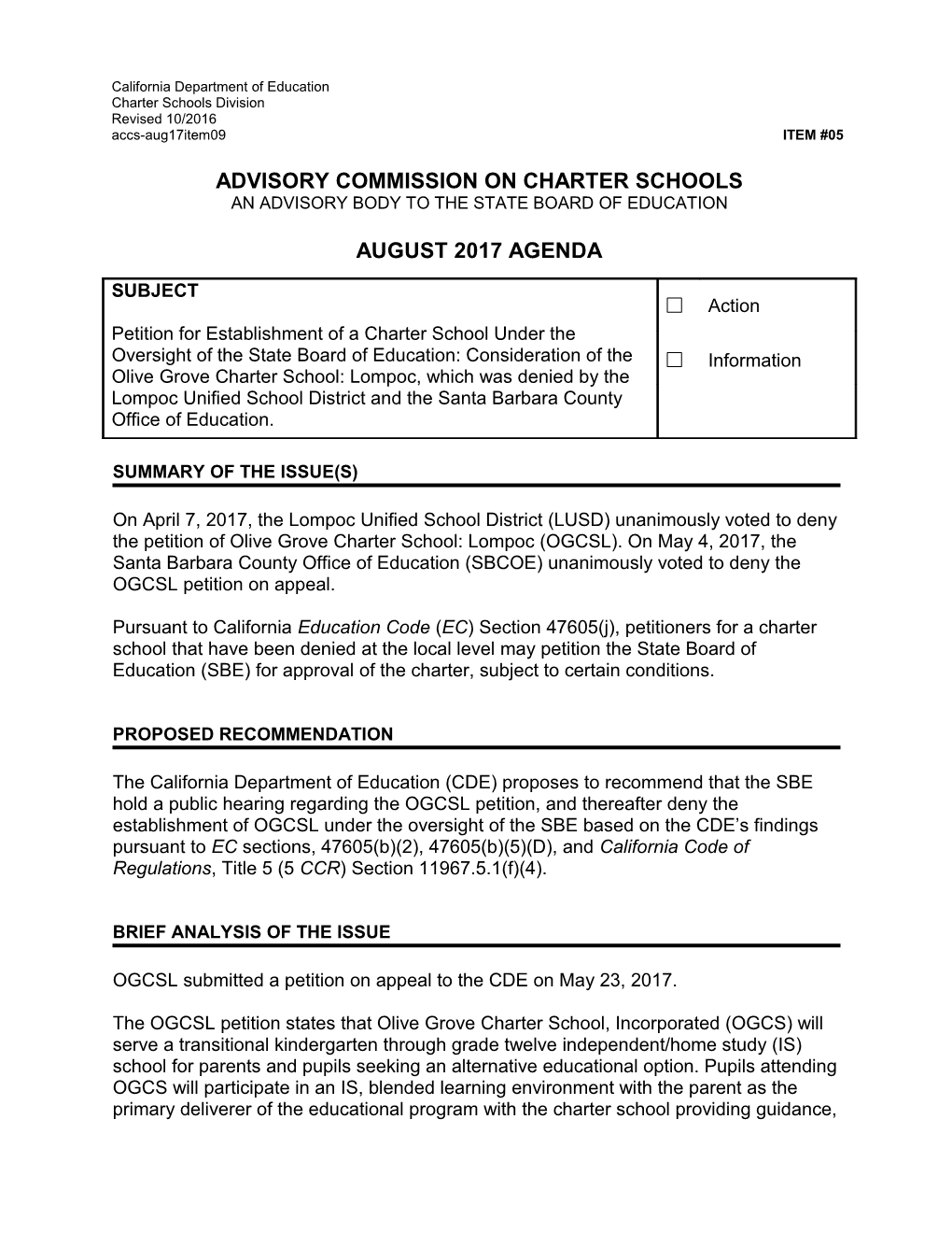 August 2017 ACCS Agenda Item 09 - Advisory Commission on Charter Schools (CA State Board