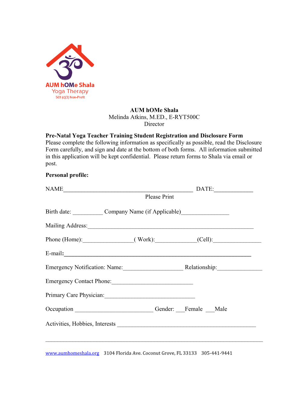 Pre-Natal Yoga Teacher Training Student Registration and Disclosure Form