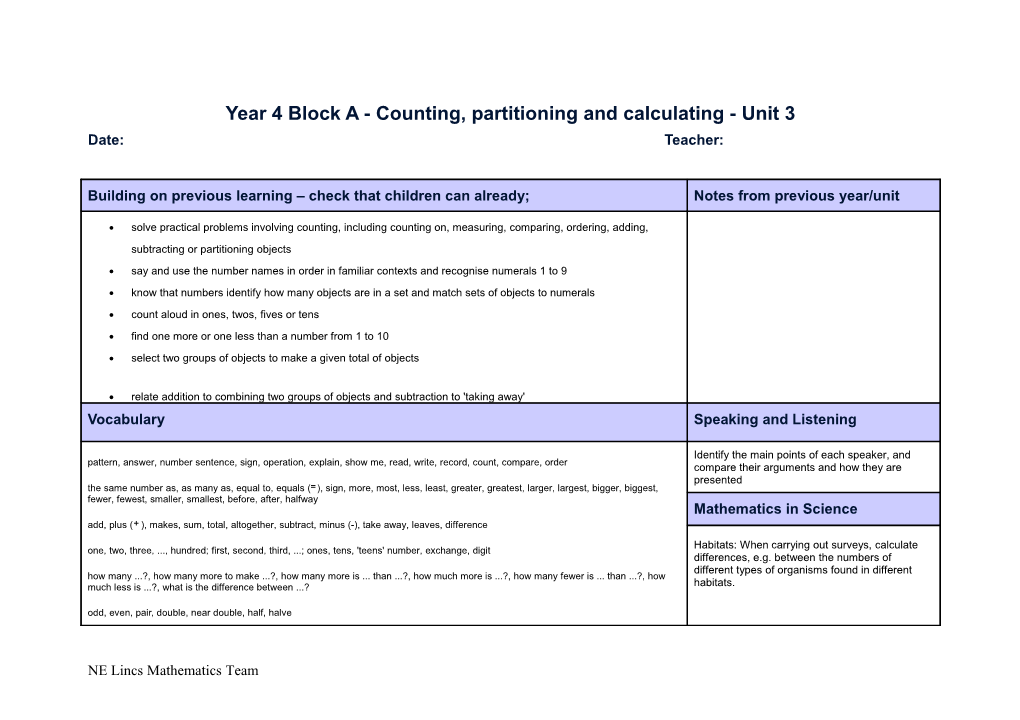 Year 1 Block a - Counting, Partitioning and Calculating - Unit 1 s1