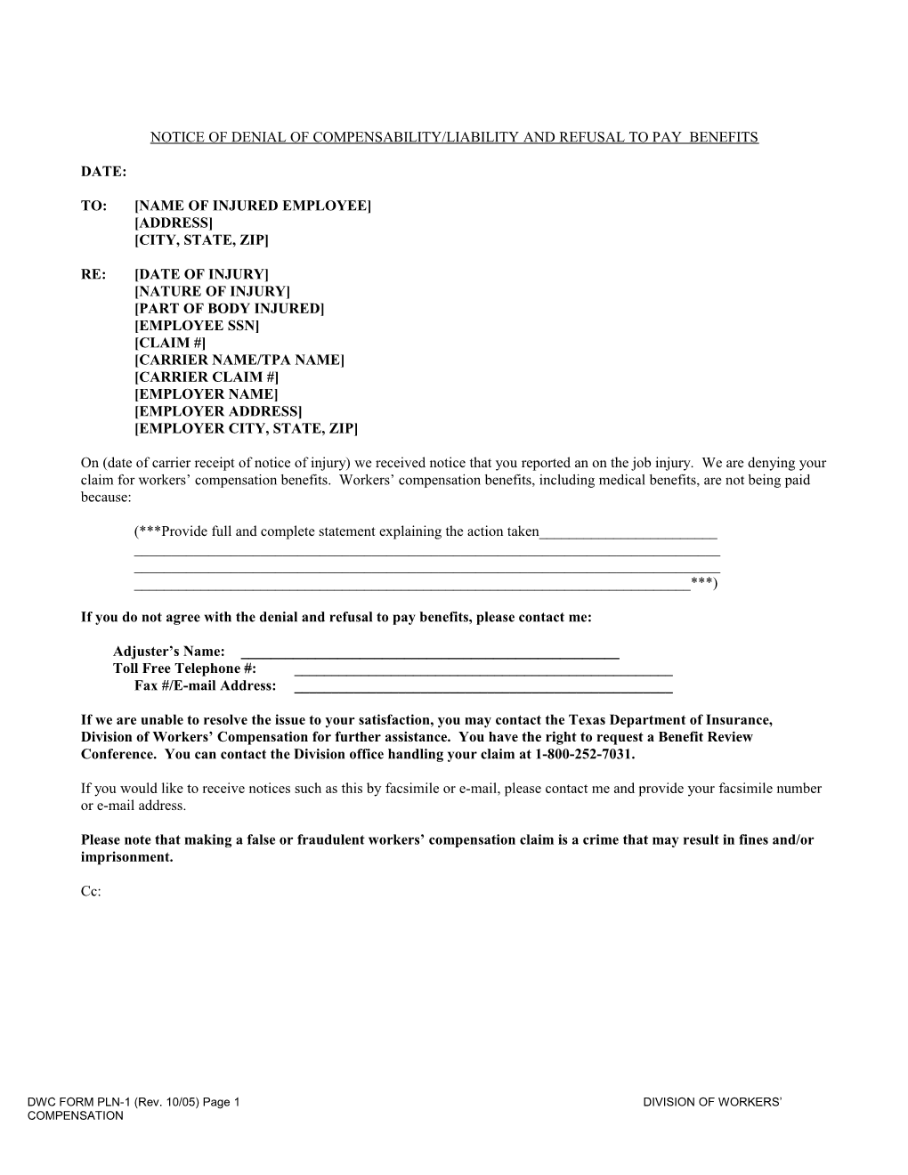 DWC FORM PLN-1 (Rev. 10/05) Page 2 DIVISION of WORKERS COMPENSATION