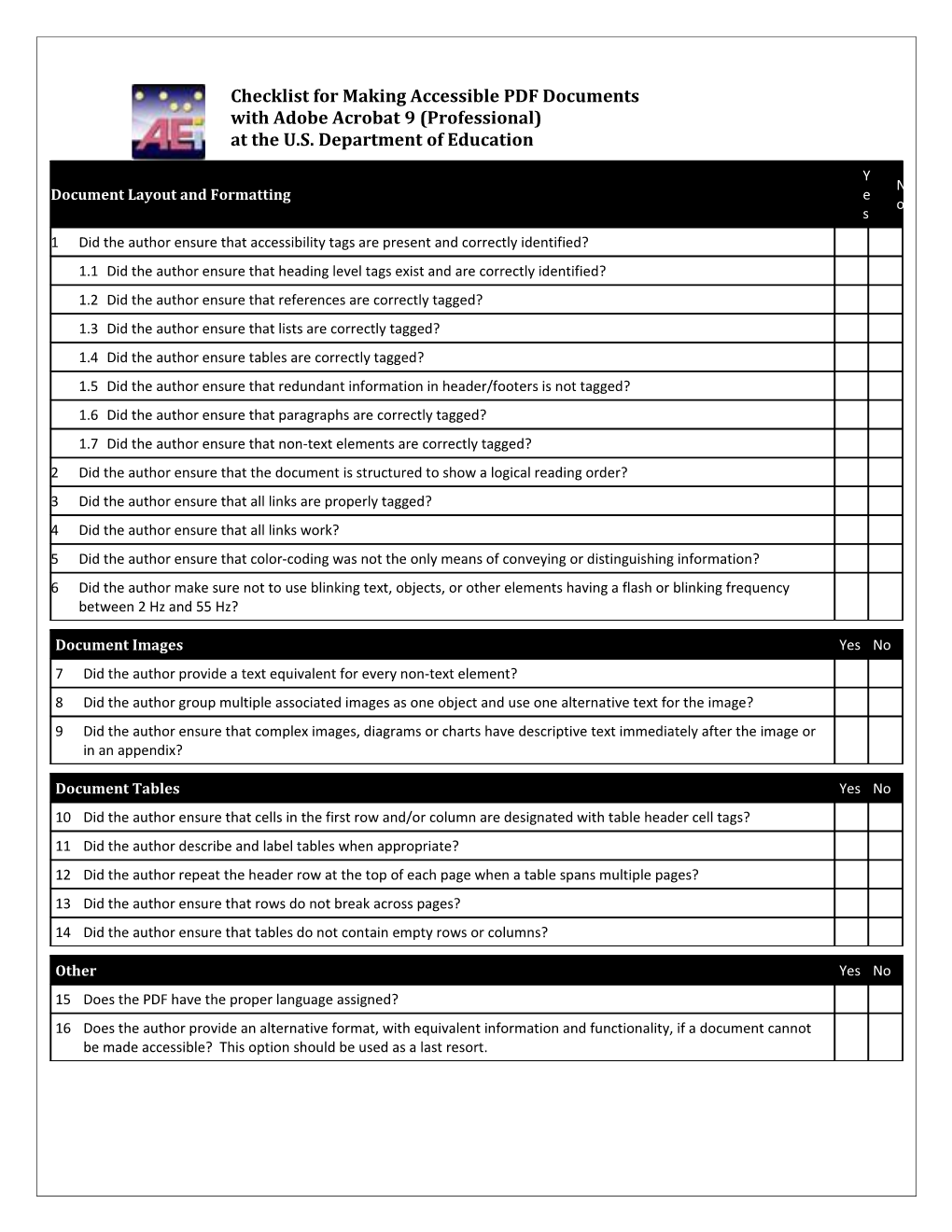Accessibility Enhancement Initiative (AEI): Adobe Acrobat 9 Accessibility Checklist August