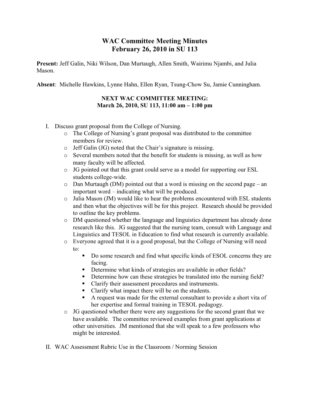 WAC Committee Meeting Minutes 10/24/08