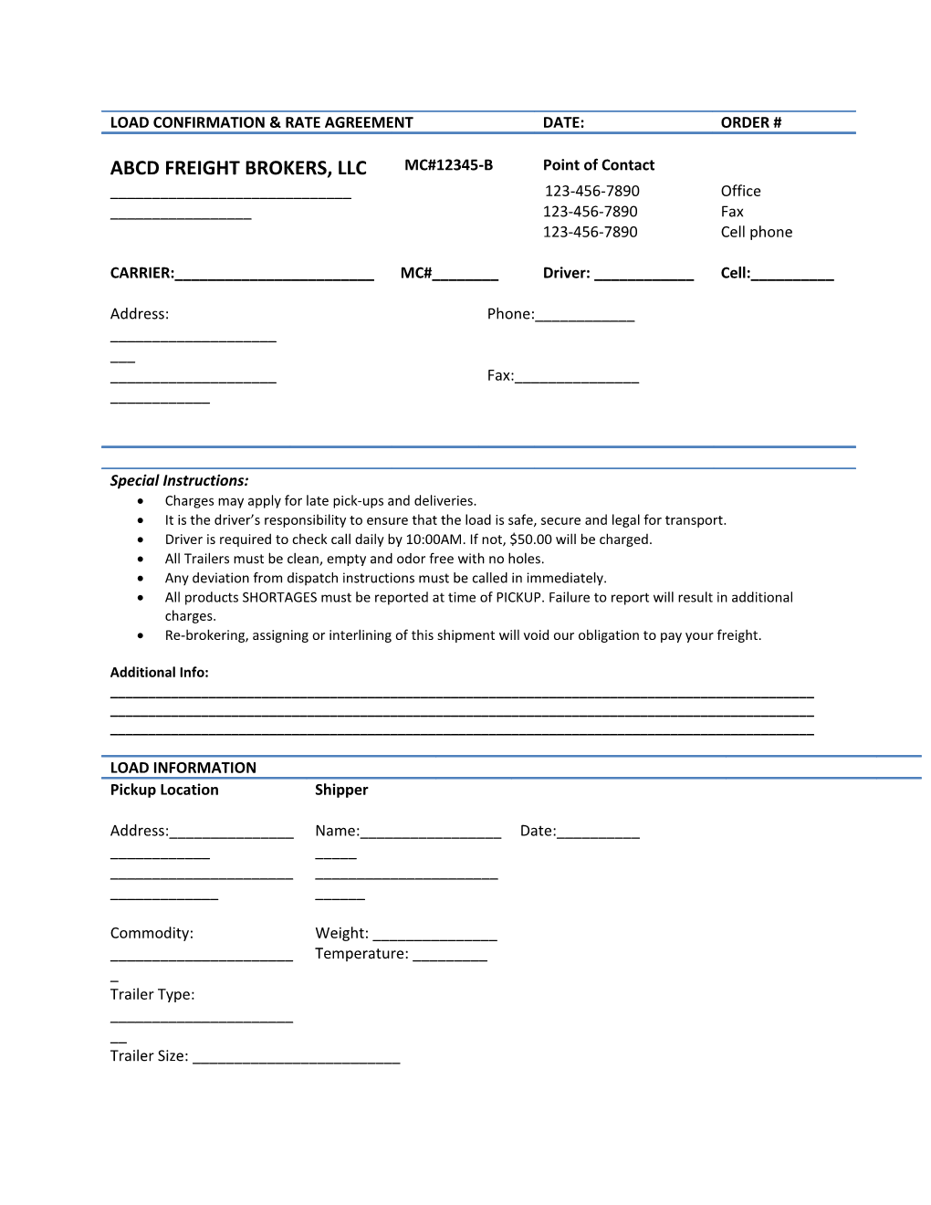 Load Confirmation & Rate Agreement