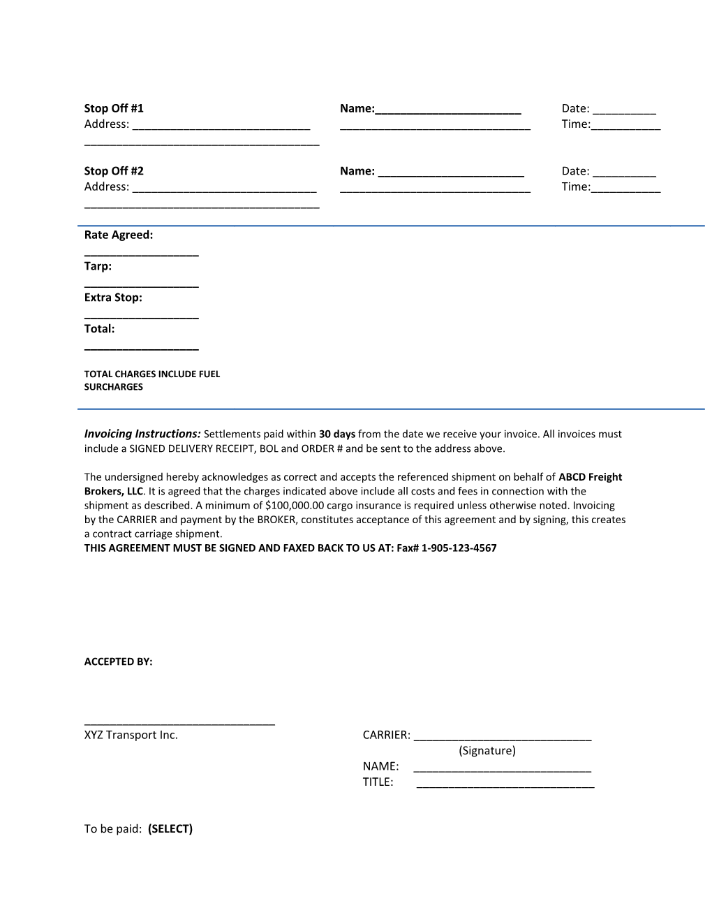 Load Confirmation & Rate Agreement