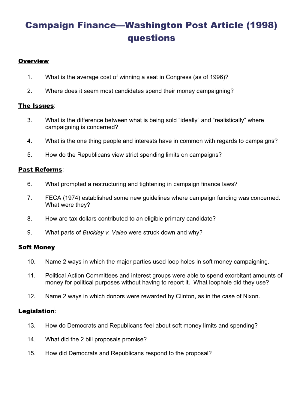 Campaign Finance Washington Post Article (1998) Questions