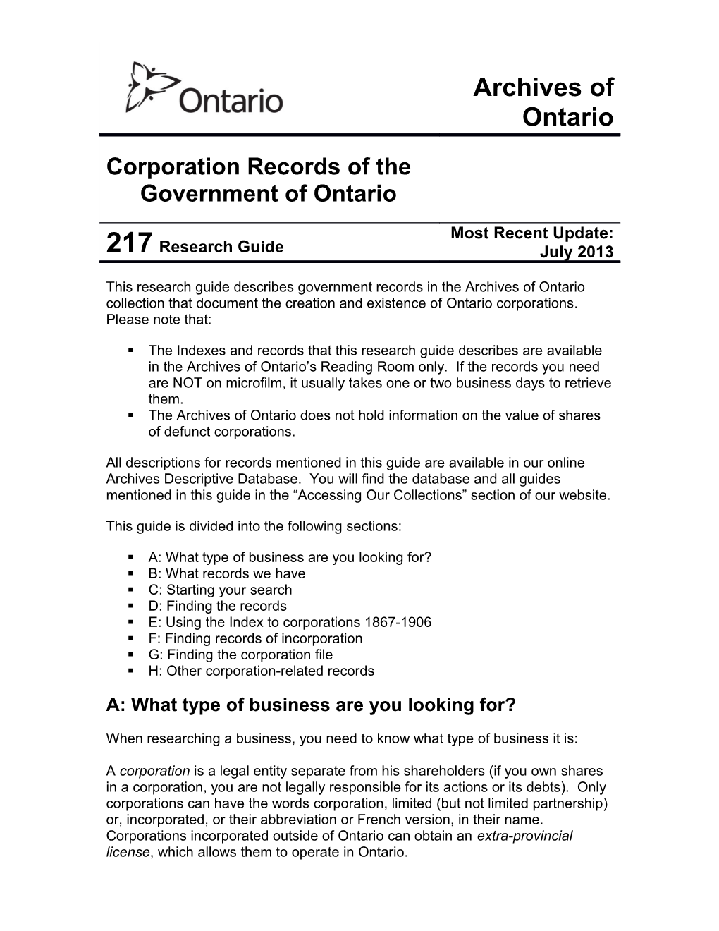 Research Guide 217: Corporation Records of the Government of Ontario