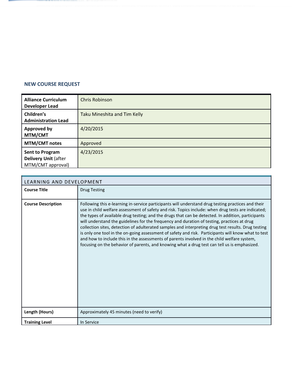 Drug Testing New Course Request Form