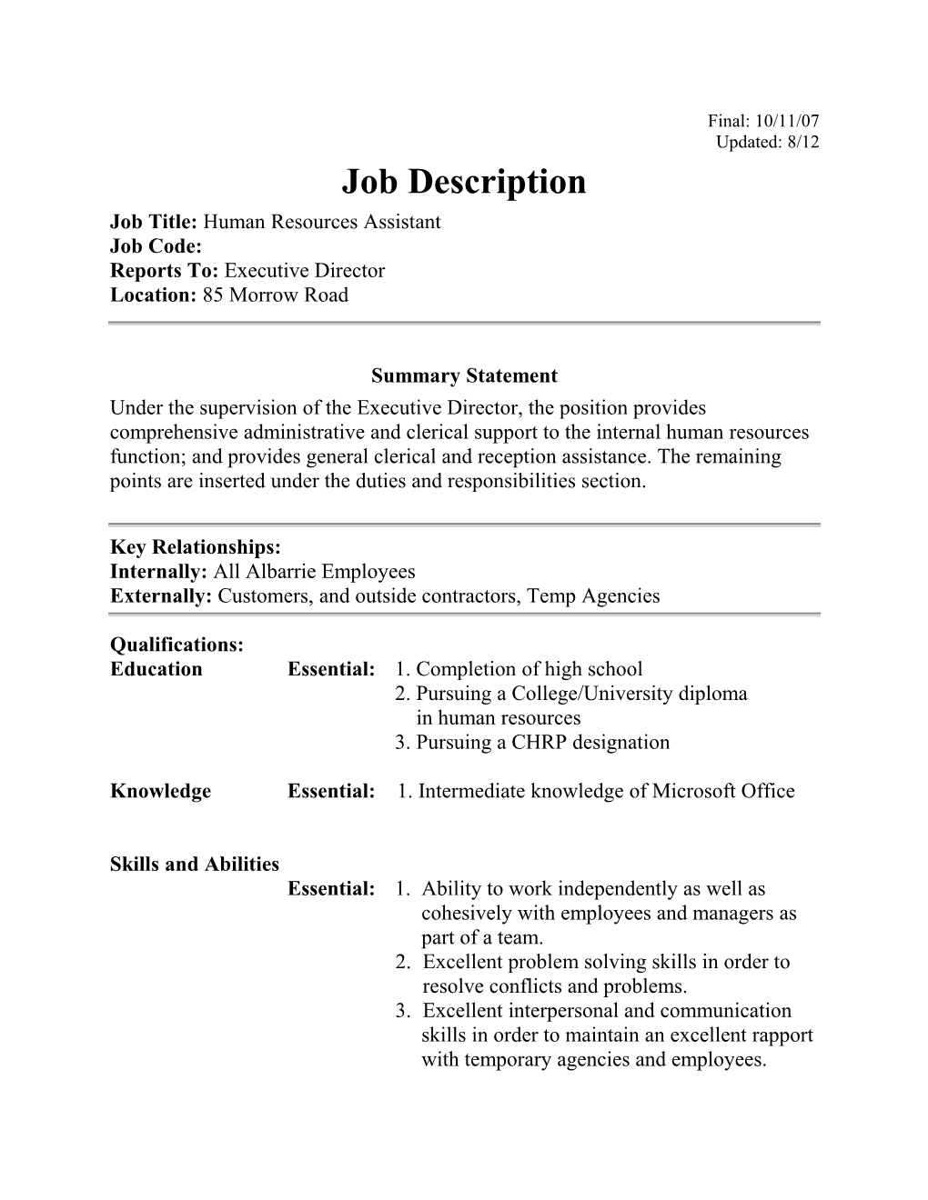 Job Title: Human Resources Assistant