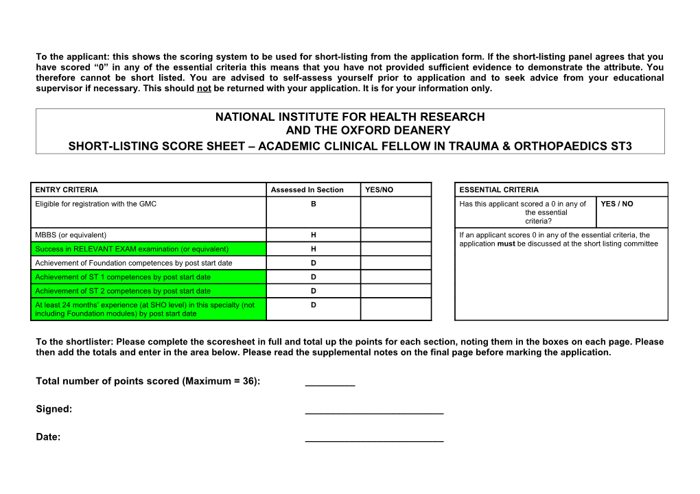 To the Applicant: This Shows the Scoring System to Be Used for Short-Listing from The