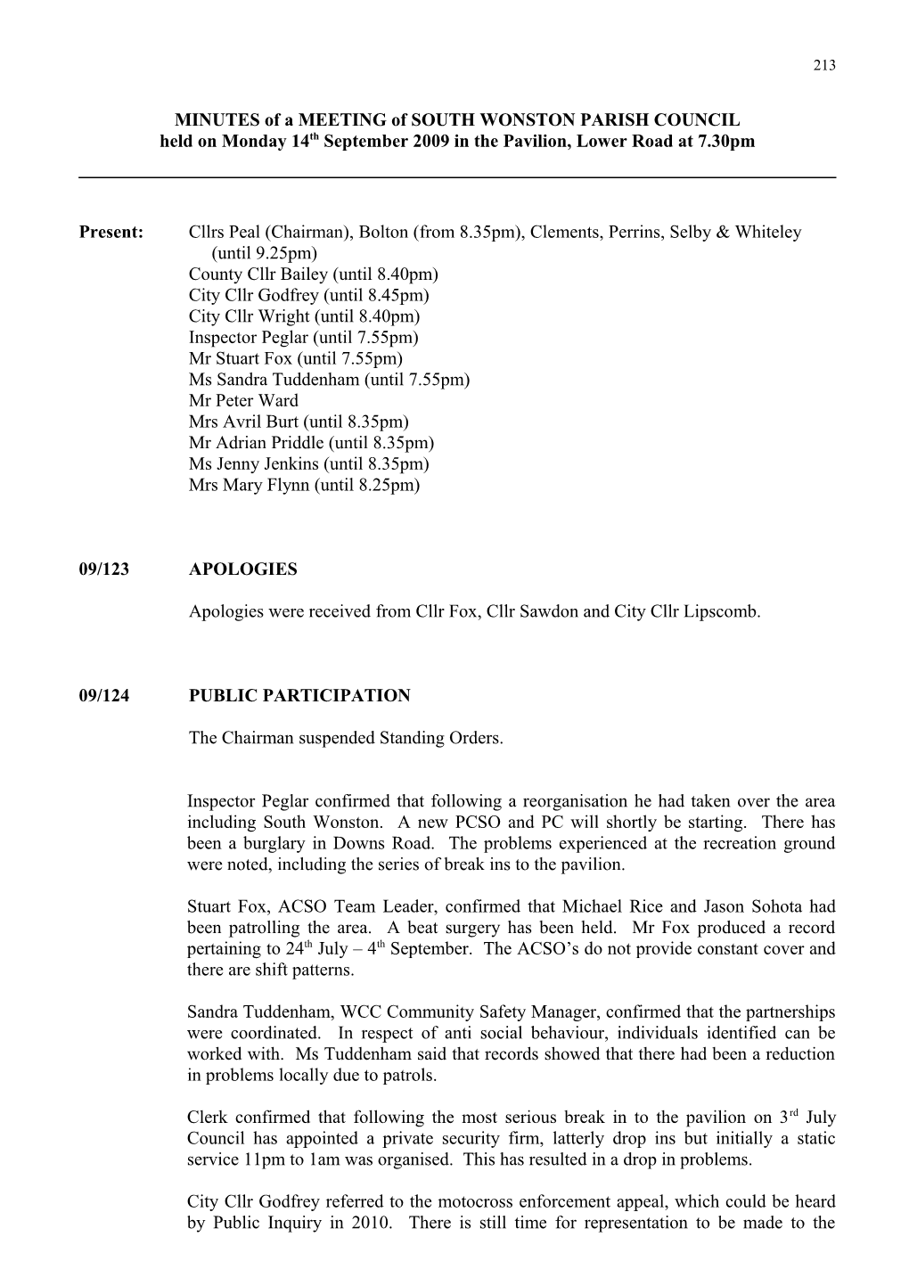 MINUTES of a MEETING of SOUTH WONSTON PARISH COUNCIL