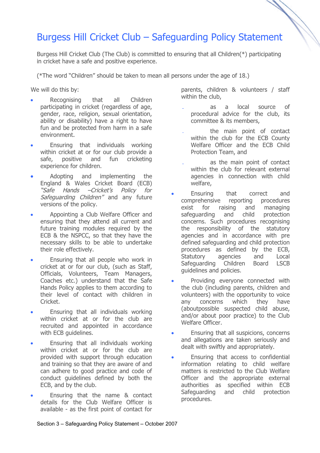 Xxxxxx Cricket Club Safeguarding Policy Statement