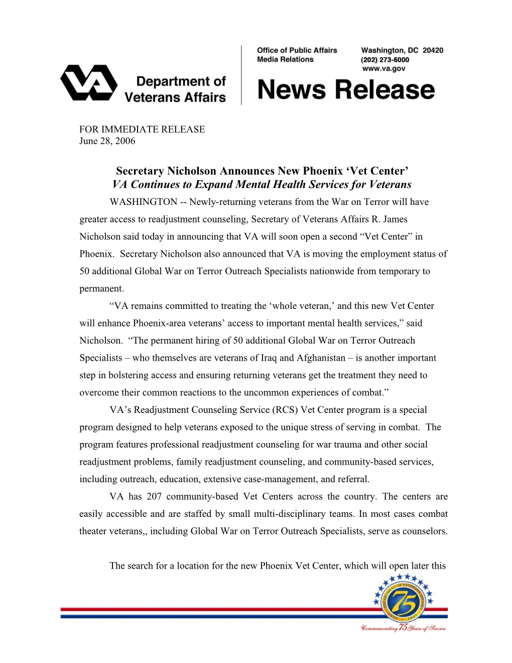 Secretary Nicholson Announces New Phoenix Vetcenter