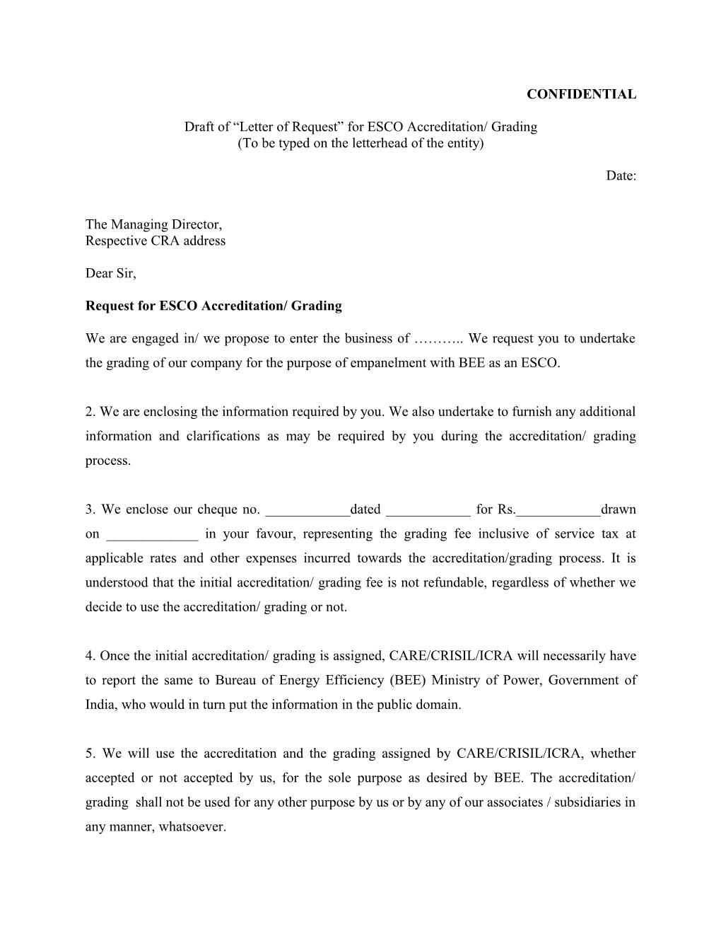 Draft of Letter of Request for ESCO Accreditation/ Grading