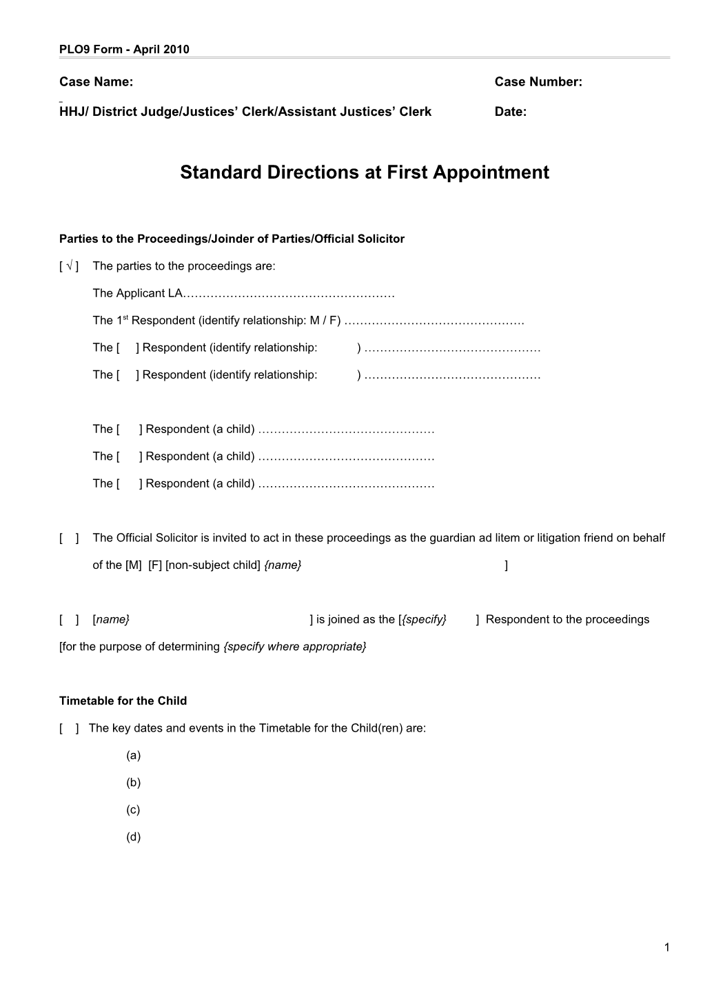 Financial Ancillary Relief Directions Tick Box Form - PRFD
