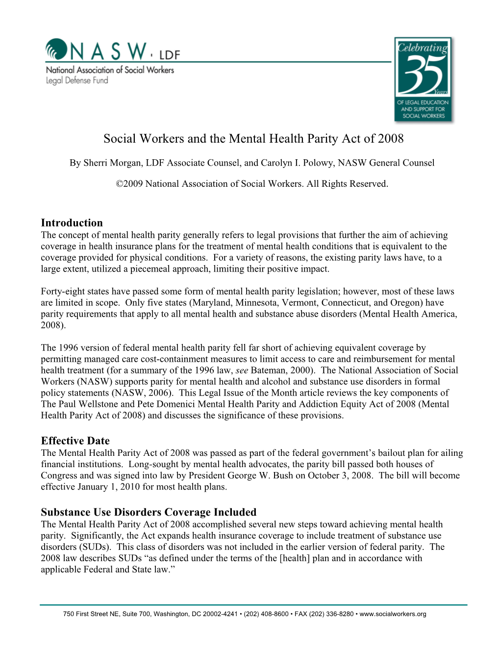 Social Workers and the Mental Health Parity Act of 2008